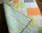 back yard baby quilt with bugs and animals // modern baby boy quilt in green blue and grey