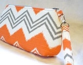 Chevron Fabric Curvy Wristlet Clutch Purse Zipper Purse Clutch Bag Fabric Clutch Ikat Zigzag Coral Orange Gray White MTO