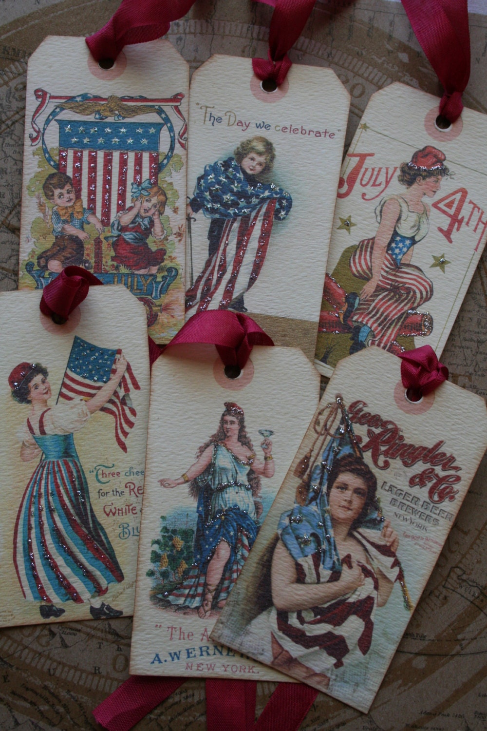 4th July tags / Patriotic set of 6 assorted with German glass glitter