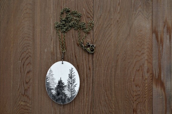 Timber Necklace in Antique Black and Graphite - Hand Painted Tree Artwork Pendant (Tim-PN-KGra)