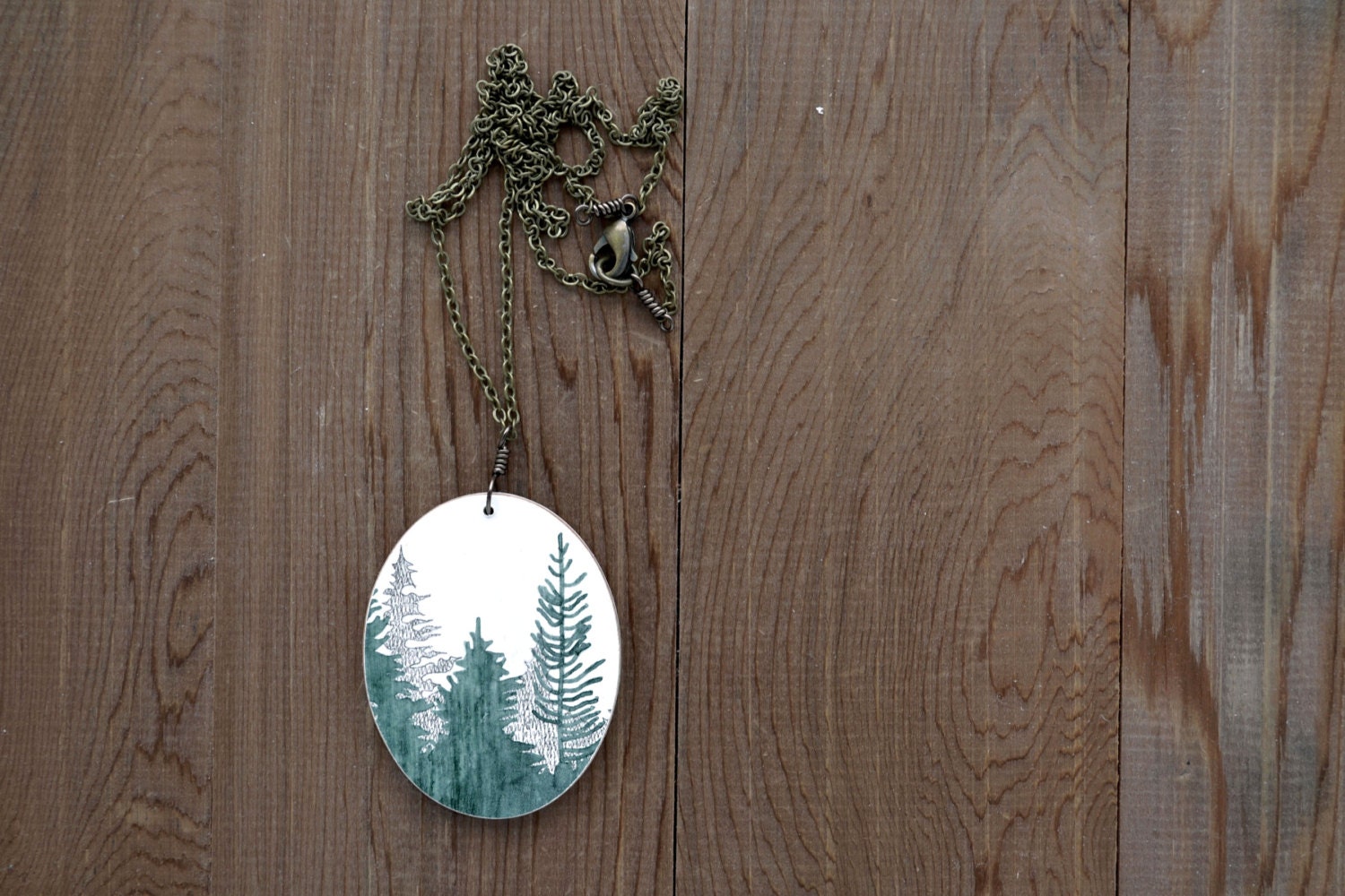Timber Necklace in Perylene Green and Graphite - Hand Painted Tree Artwork Pendant (Tim-PN-GrnGra)