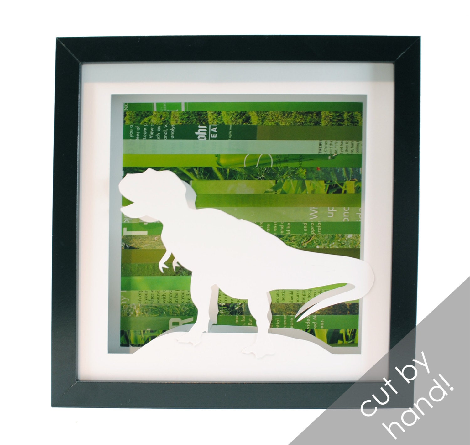 tyrannosaurus rex  - shadowbox made from recycled magazines, dinosaur