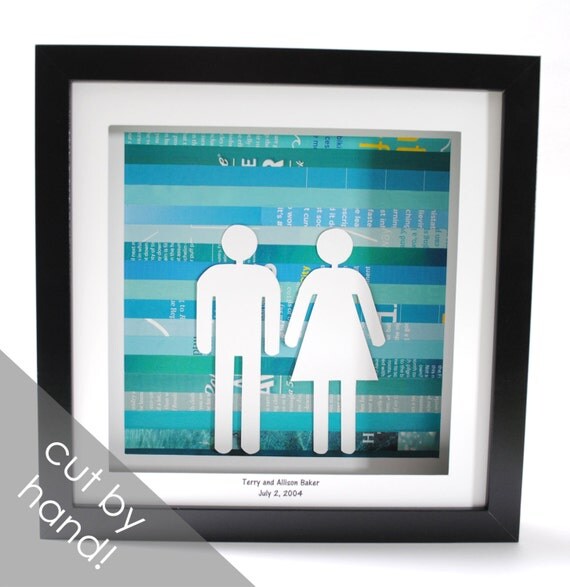 Buy traditional anniversary gifts - Custom Wedding Gift- shadowbox made from recycled magazines, First Anniversary Gift, paper, teal, man, woman, wedding date