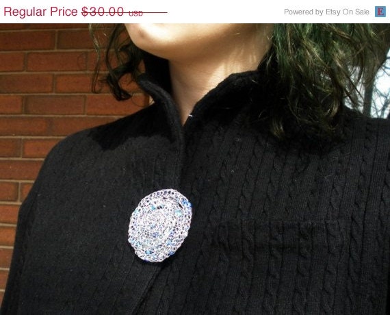 50% off Sale - 2 inch Circular Brooch - Silver with Blue Beads