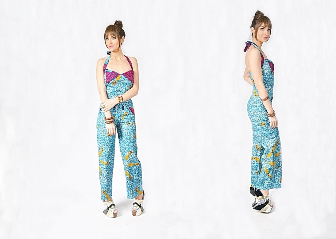 The Lola Blue Vintage Inspired Jumpsuit African Print Fabric by J. Pearl Couture