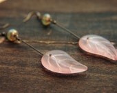 Pendulum Frosted Etched Glass Dangle Earrings on Antiqued Brass - Pink Leaves.