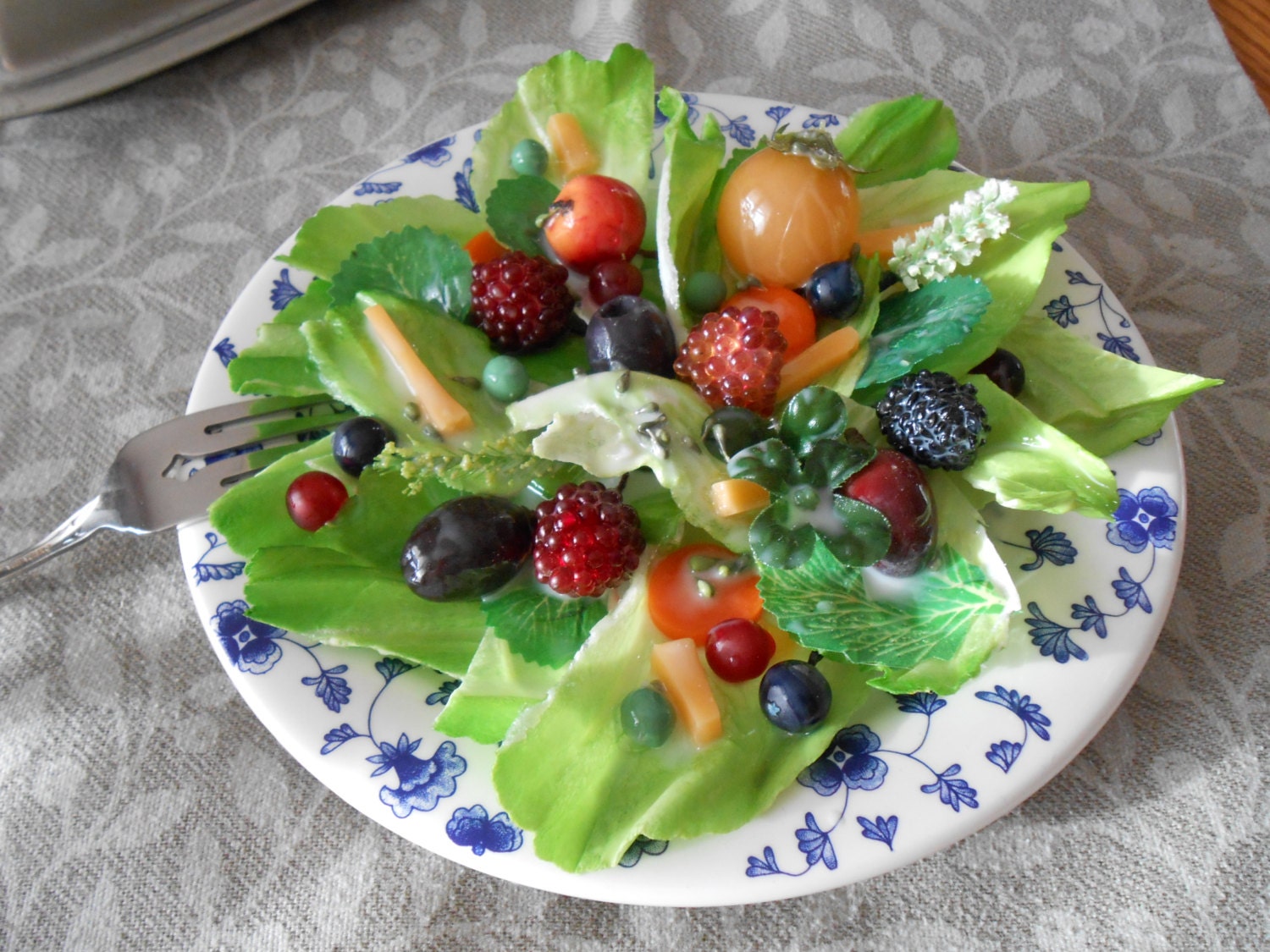 Fake Plate of Salad With Olives, Cheese, Peas, Berries, Tomato & Dressing Fake Food Prop