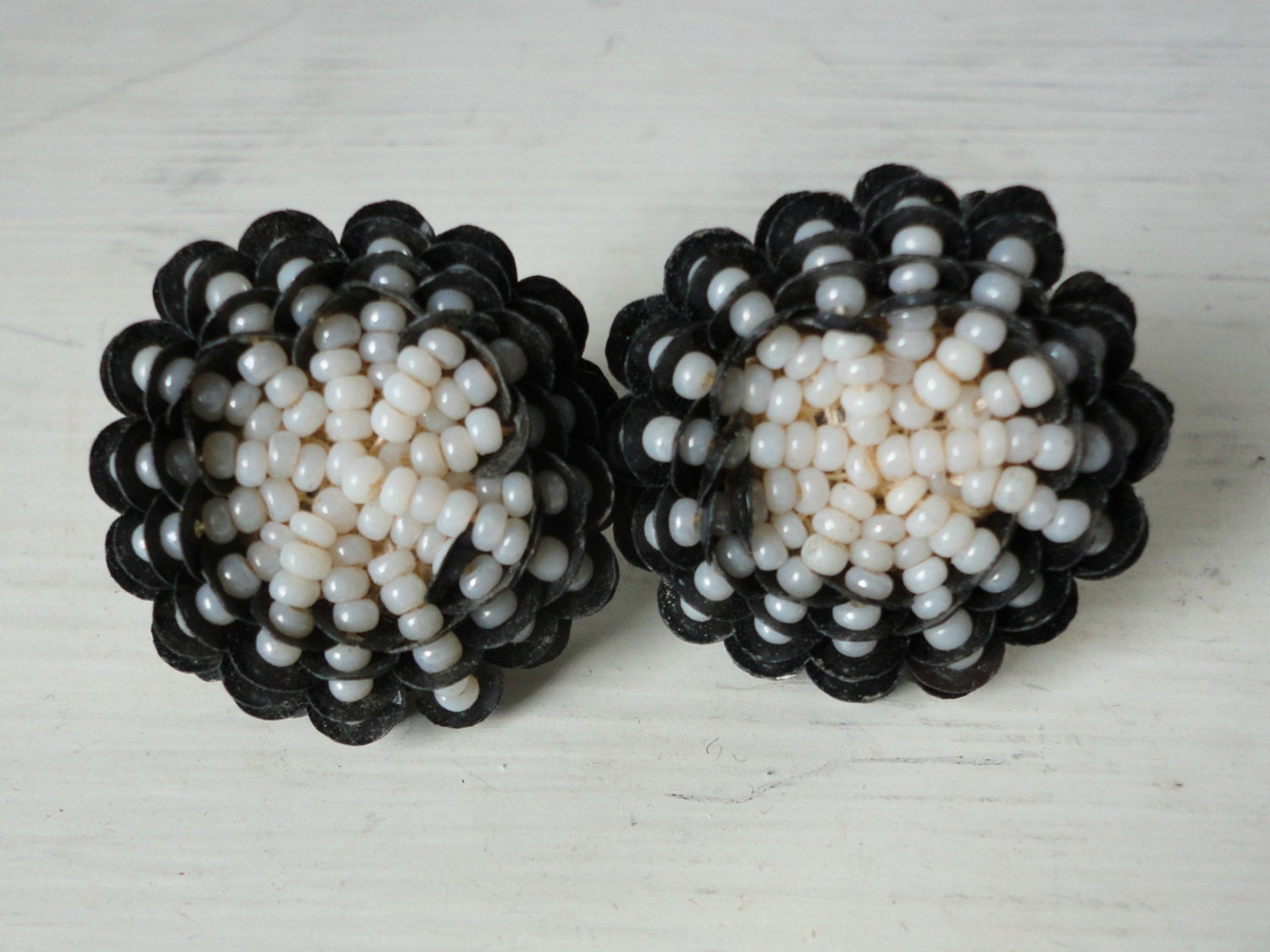 Black Sequin and White beaded Twist on Earrings