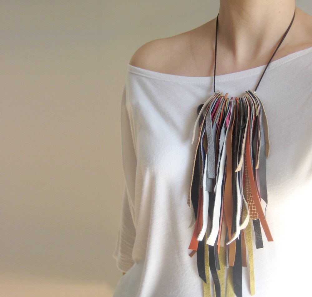 leather long necklace, fringe jewelry, hippie chic fashion, statement jewelry, earth colors - stellachili