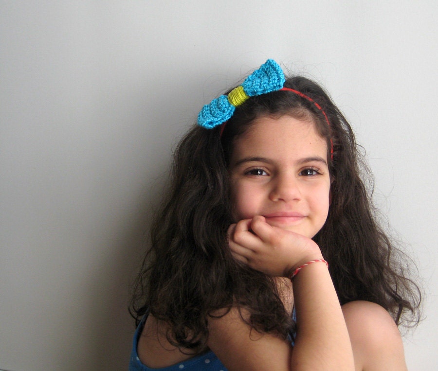 Girl bow headband, blue, green, orange red crochet headband, girls hair accessory, hairband