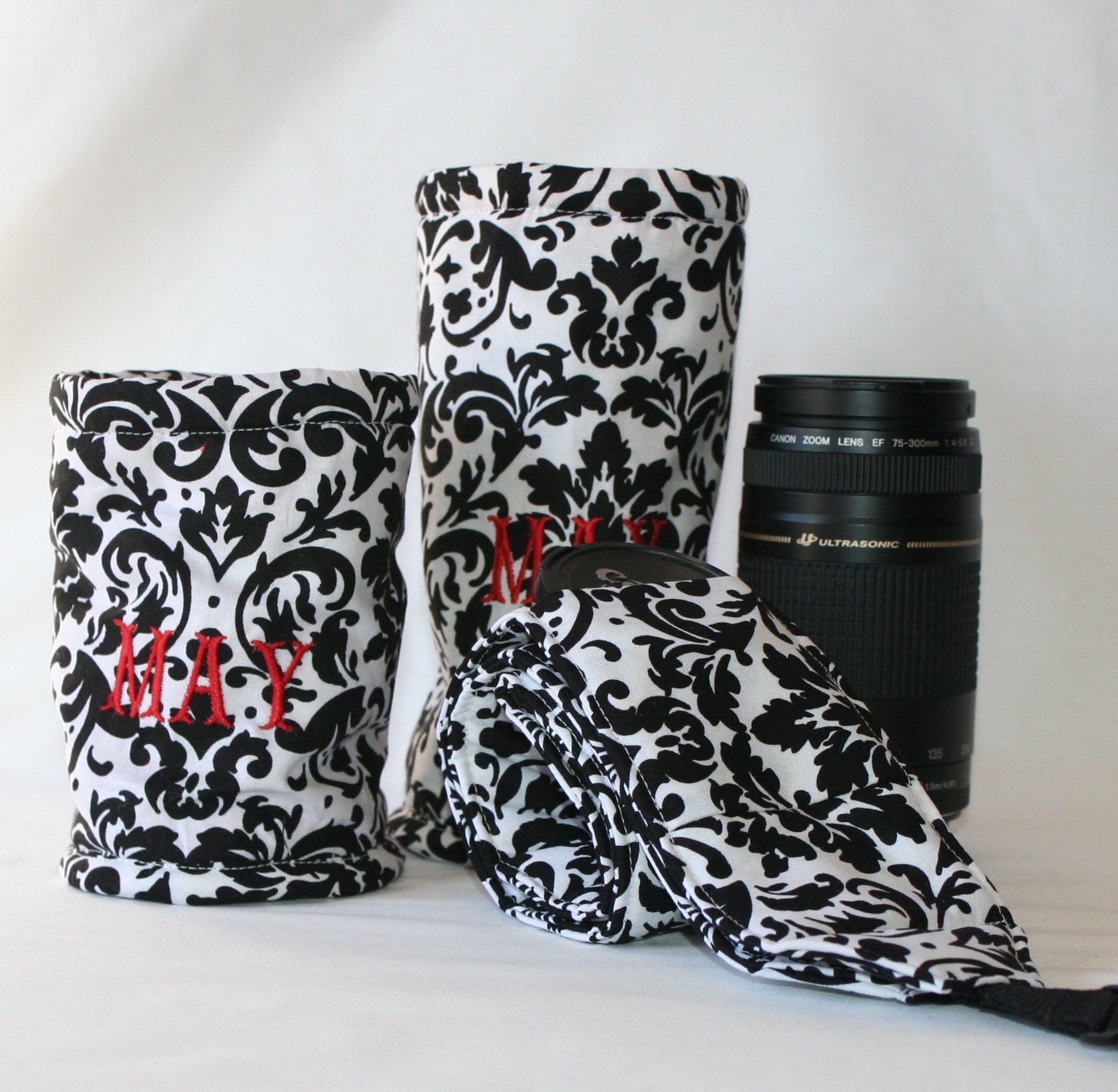 3 Piece DSL Camera Gift Set Wide Strap with lens pocket and 2 lens cases in White and Black Damask print Monogramming included