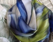 Scarf, Silk, Women, Hand Dyed, Blue Lagoon Silk Scarf, Blue Havanis Blueberry Chartreuse