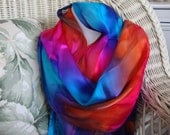 Scarf, Silk, Women, Hand Dyed, Flame Silk Scarf, Blue Violet Orange Hot Fuchsia Turquoise