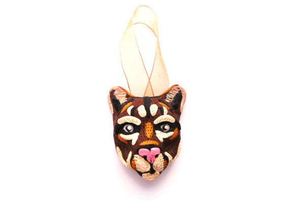 Mountain Lion Cougar Face - handsculpted clay ornament