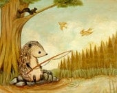 Children's Art, Girl, Nursery Art, Aqua, Yellow, Spring, Cute, Kids Art, Baby, Mint Green, Light Red - Hedgehog Goes Fishing