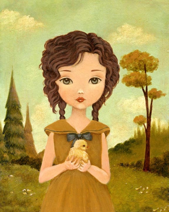 Little Peep - Print, Children's Art, Girl, Nursery Art, Forest, Mustard, Yellow, Teal, Baby Chicken, Cute, Kids Art, Spring, Room Art