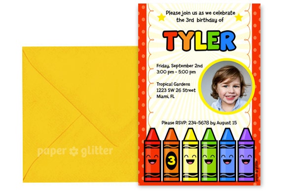 Crayon Art Rainbow Party Invitation Printable or Thank You Card With Photo Insert
