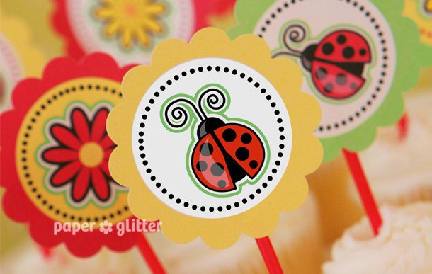 Ladybug & FLowers Toppers Kawaii Sweets or favor tags and Scrapbooking Collage Sheet-Printable PDF