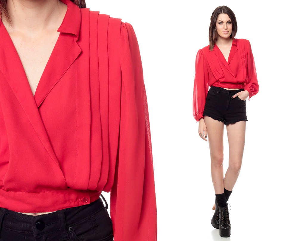 80s Cropped Blouse PLEATED Red Chiffon Sheer Drape Top 1980s WRAP Hipster Crop Collared Shirt Vintage Deep V Neck Slouchy Long Sleeve Small