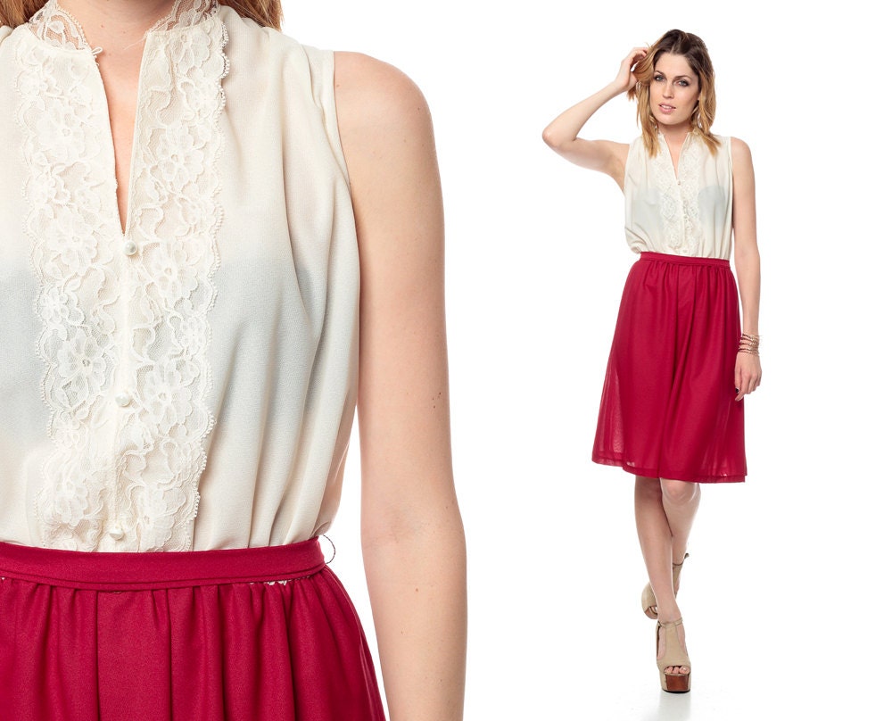 70s Secretary Dress LACE Button Up Sheer White Magenta 1970s BELTED High Waisted Vintage Plus Size Sleeveless Knee Length Extra Large xl l