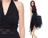 70s Boho Dress HANKY Embroidered Black CROCHET 1970s Halter Handkerchief Hem Vintage Smocked Bohemian Hippie Midi Scarf Extra Small Medium