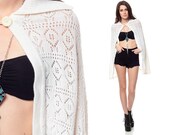 70s Boho Shawl Poncho White Hippie OPEN WEAVE Knit Pointelle 1970s Bohemian Vintage Geometric Crochet Sweater Cape Extra Small Medium Large