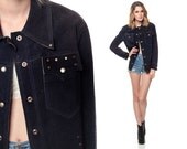 Leather STUDDED Jacket 70s Black SUEDE Collared Button Up Hippie Coat 1970s Biker Stud Boho Vintage Hipster Star Womens Mens Small Medium