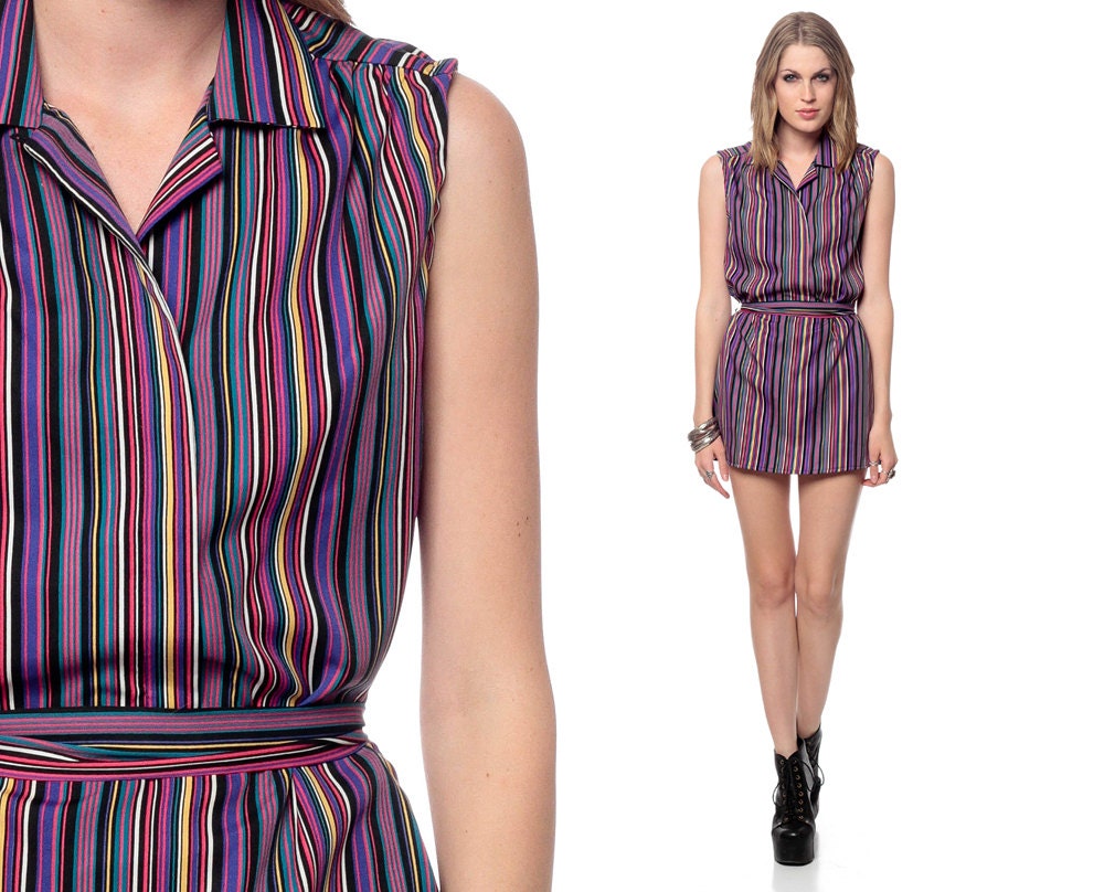 Striped Mini Dress 70s Purple Shirtdress BELTED Button Up Micro 1970s Boho Stripe Retro Tunic Vintage Shift Sleeveless Seventies Medium