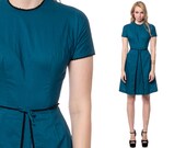 1960s Dress Cocktail Mini Teal Formal Bow Cotton 50s Mad Men Party Blue 60s Pleated Hipster Short Sleeve 1950s Knee Length Extra Small XS