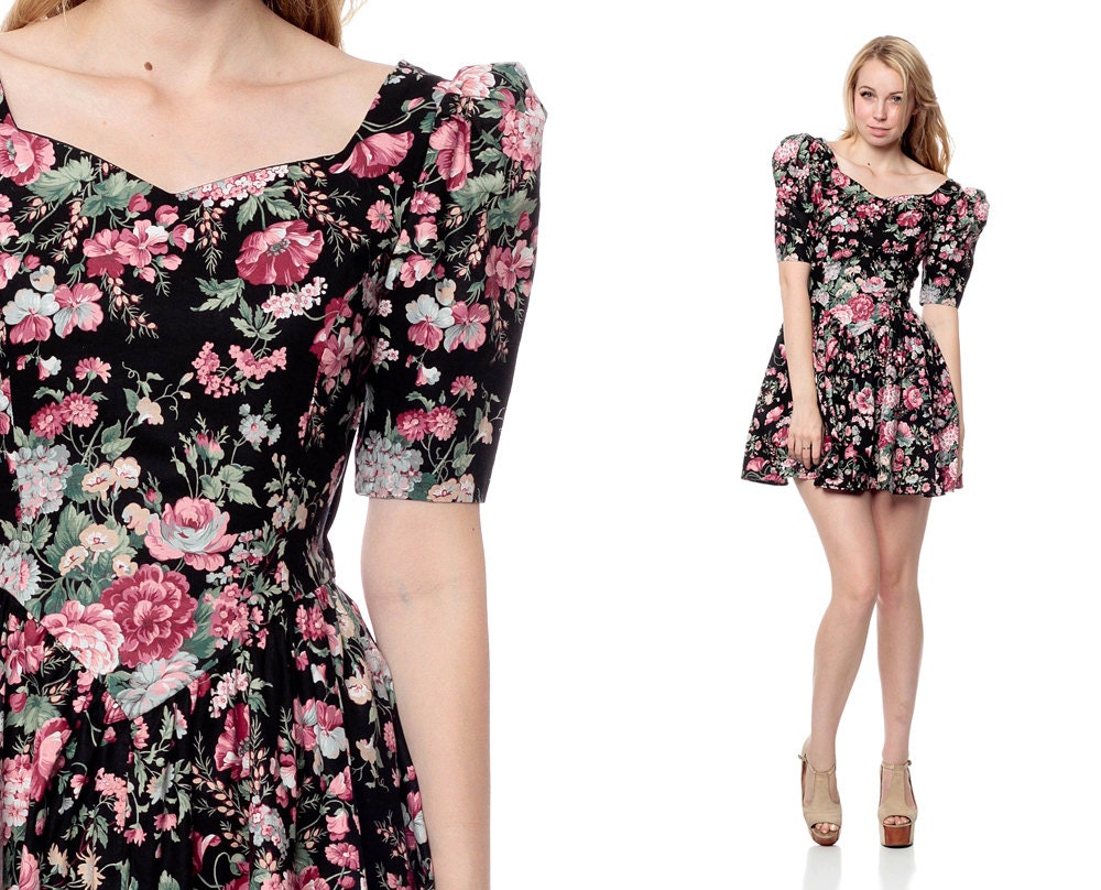 80s Floral Dress PUFF SLEEVE Mini Low Back Ruffle Black Pink 1980s Ditsy Flower Hipster Vintage Sweetheart Full Skirt Backless Small medium