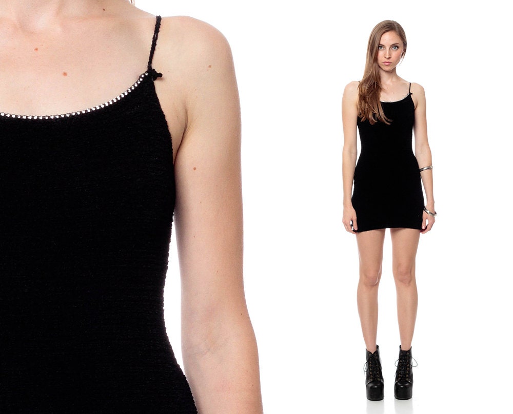Black BODYCON Dress 90s Mini RHINESTONE Sparkly 1990s Body Con Tight Spaghetti Strap Bandage Party Sexy Vintage Minidress Extra Small XS