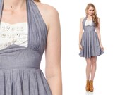 50s Bombshell Dress Halter Neck Mini SHELF BUST Chambray 60s Sundress Cotton Vintage Low Back 1950s Blue Extra Small xs xxs
