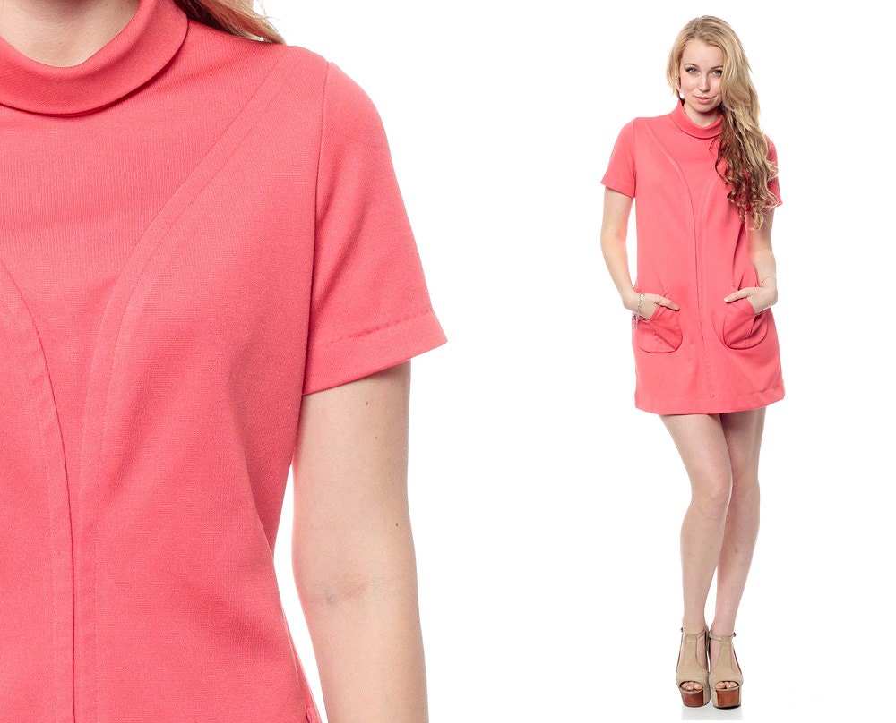 Space Age Dress 60s Tulip POCKET Mod Mini Salmon Pink Shift 1960s Sleeveless Mock Turtleneck Vintage Go Go High Neck Extra Large XL