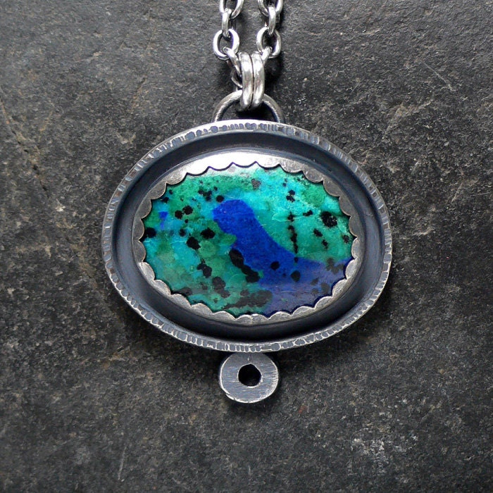 Sterling Silver Necklace with Azurite Malachite Chrysocolla Cabochon