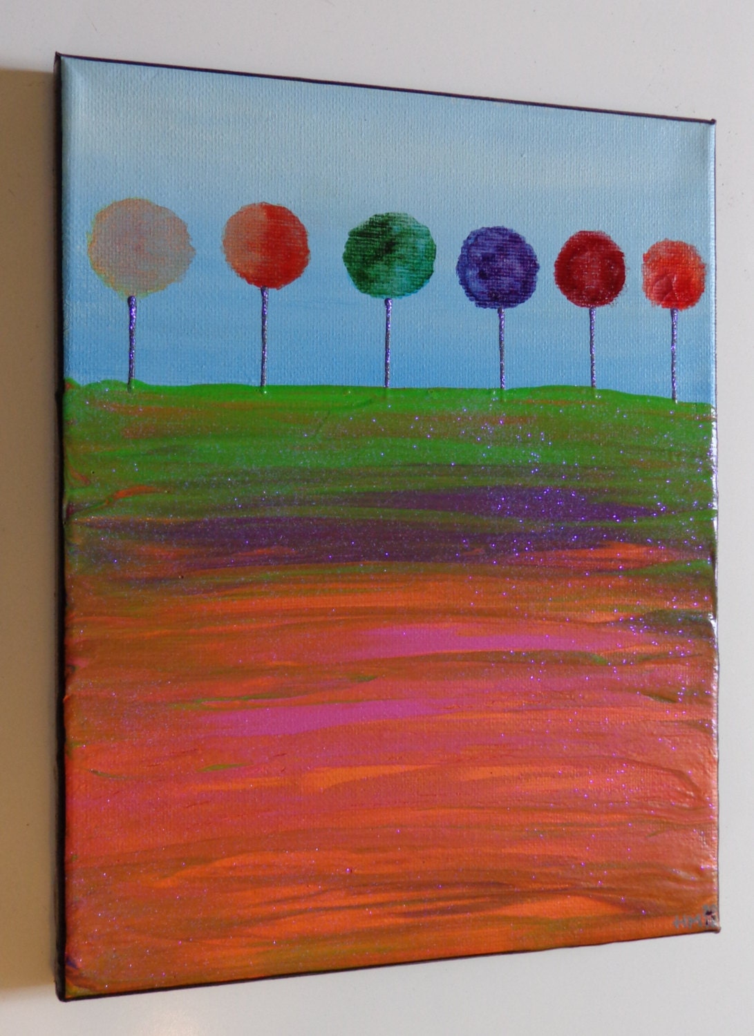 Abstract Original Multicolored Acrylic Painting on Canvas Beautiful Colors 8x10in Modern Trees Heather Montgomery Art