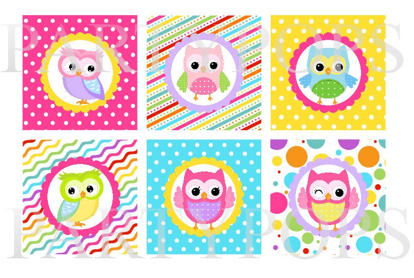 DIY  Digital Owl Birthday Printable Cupcake Toppers 2" circles Party Decoration, Pink, Yellow, Aqua,  INSTANT DOWNLOAD
