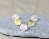 Lemon Quartz Rose Quartz Gold Necklace - 14k Gold Filled- Gemstone Micro Faceted - Onion Briolette - Wire Wrapped - Simple for Everyday Wear