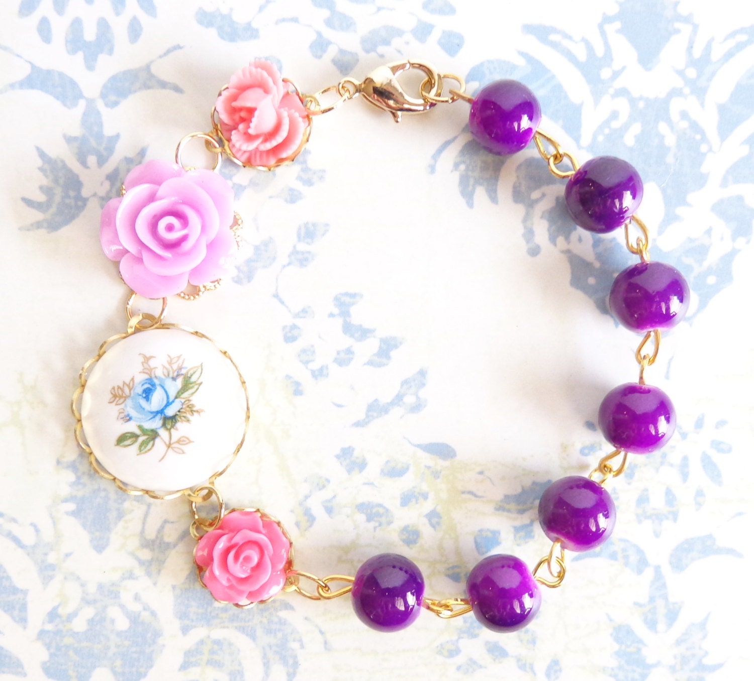 Gold Beaded Flower Bracelet - Whimsy - Whimsical - Romance - Bridal