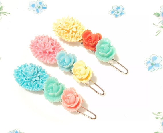 50% OFF - Garden Trio - Flower Hair Barrette Set - Flower Barrette - Bride - Bridesmaid - Flower Girl