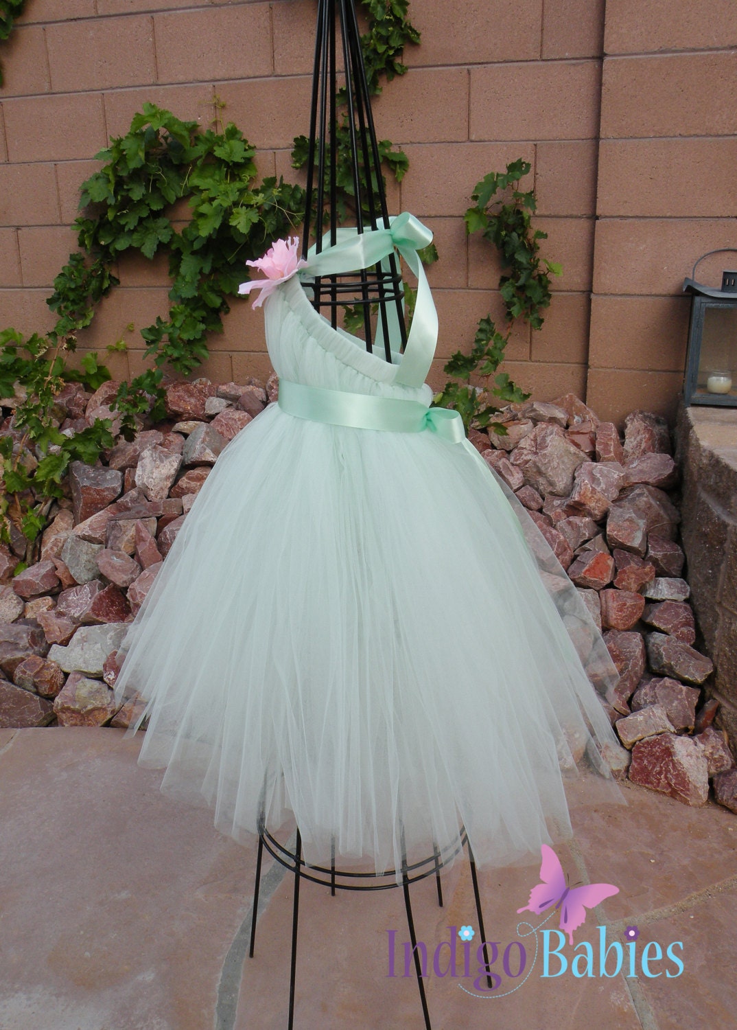 Tutu Dress, Flower Girl Dress, Mint Green Tulle, Mint Ribbon, Pink Rose, Fabric Flower, Portrait Dress, Wedding Flower Girl Dress
