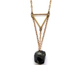 Black tourmaline stone necklace with brass triangle