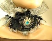 Elegant ruffle  choker -in Pale gray and black -  by j souza- ref pg3