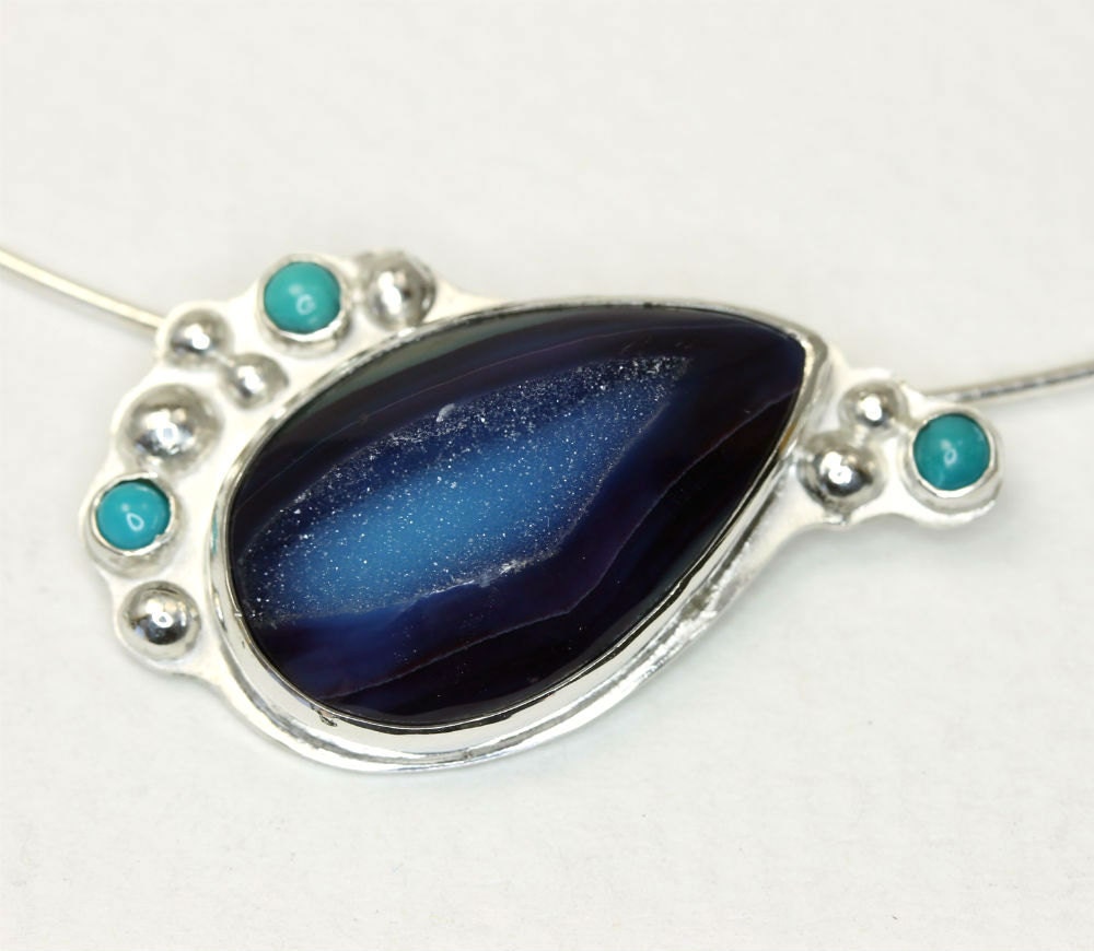 Asymmetrical Necklace with Drusy Agate, Turquoise and Sterling Silver, sliding omega pendant