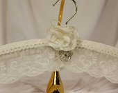 Padded WeDDING HANGeR - HANGER COUTURE - Rhinstone Brooch - Ecru Lacey Lace Trim with Lace Rose and Brooch