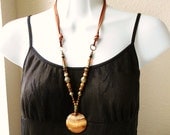 Brown Stone Long Necklace with Deerskin Leather, Tiger Eye, Amber, Jasper, 26in Handmade Jewelry
