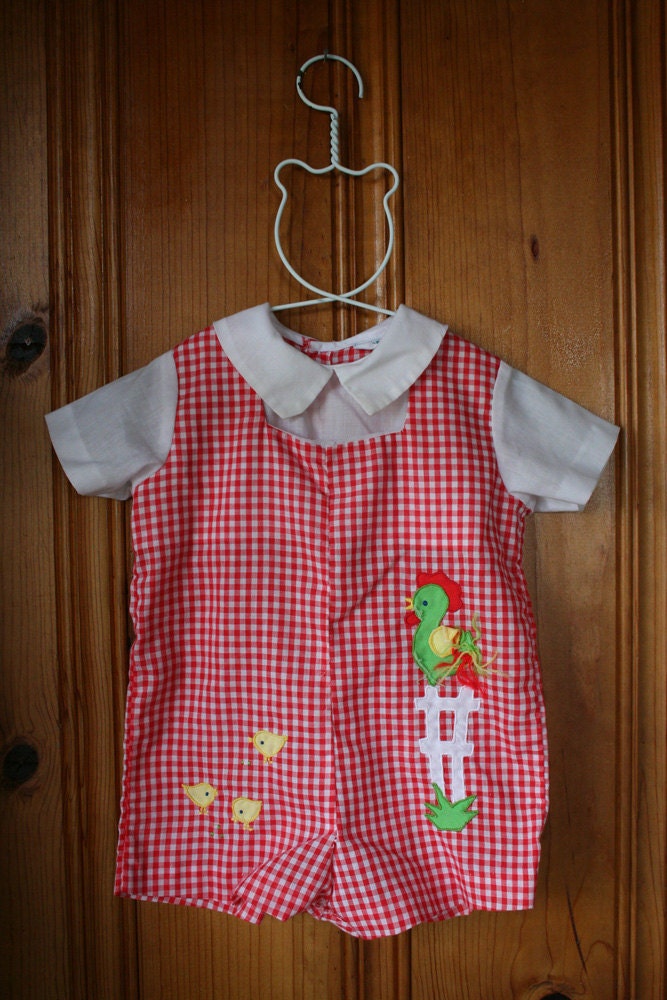vintage red and white gingham country rooster onesie