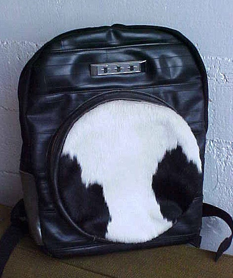 Black Rubber Upcycled Backpack - Bike Tubes, Cowhair, Vintage Chrome Emblem