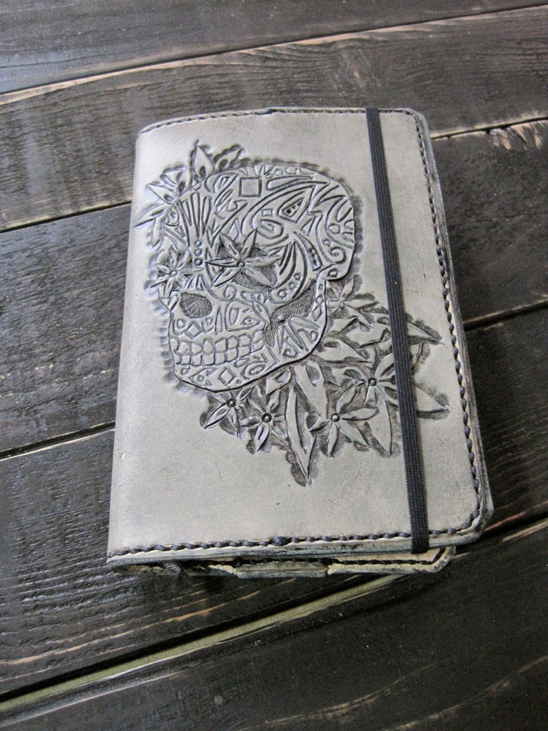 Handmade Stitched Leather Grey Pocket Moleskine Journal Planner Cover - Sugar Skull