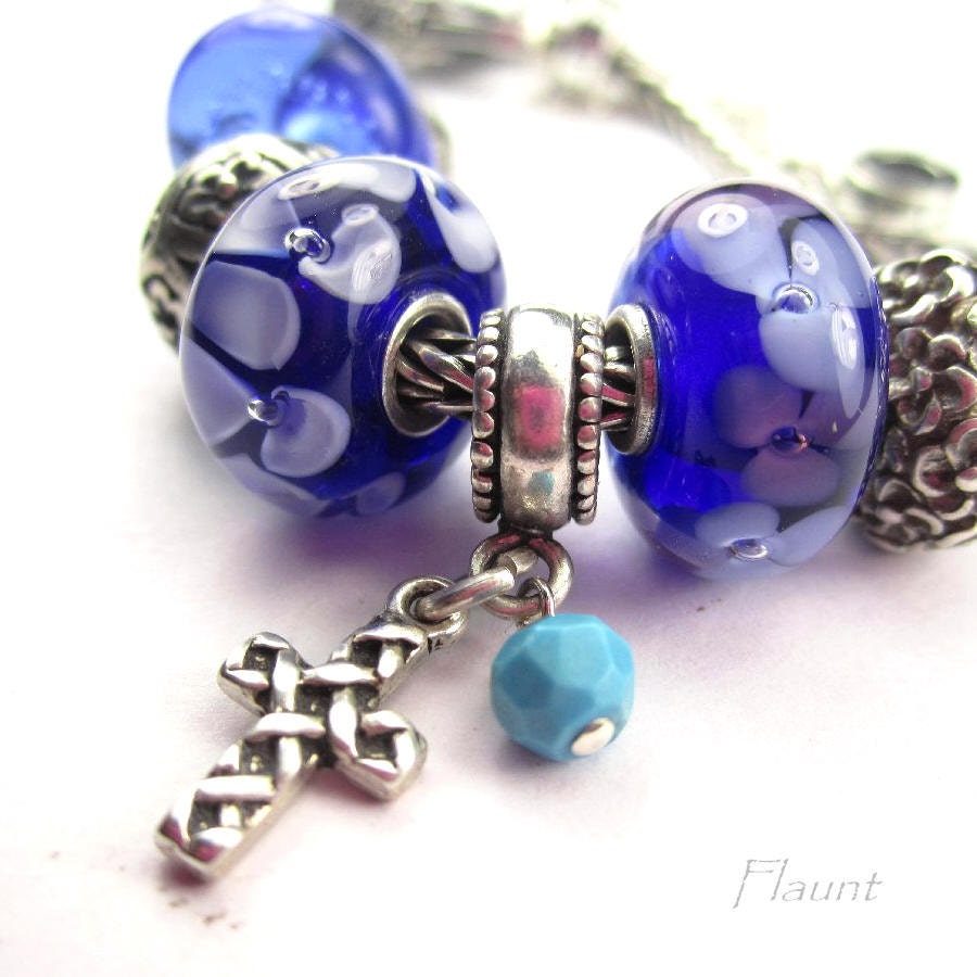 Cross bracelet charm sterling silver turquoise Christian European troll birthstone