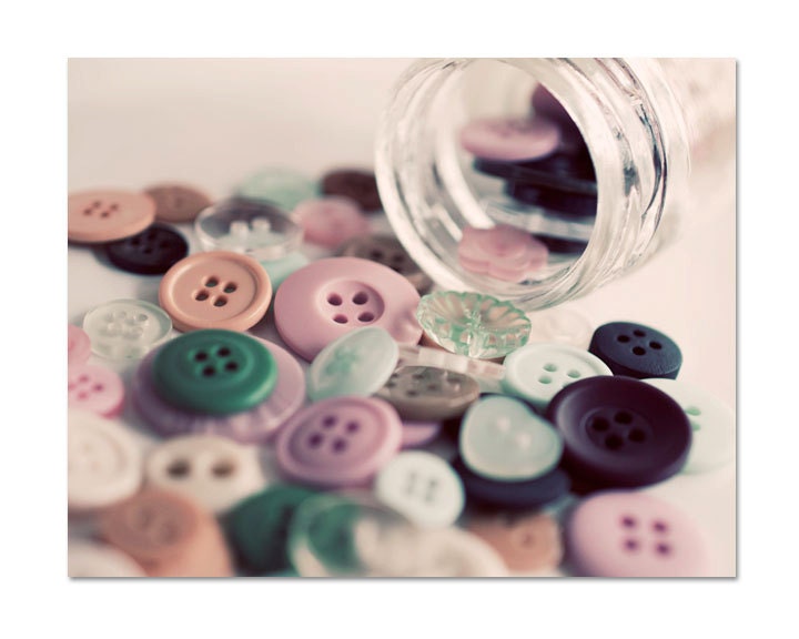 Shabby Chic Photography, Button Jar, 8x10 Print, Pastel Pink, Vintage Buttons Photo, Craft Room Decor, Shabby Chic Photograph
